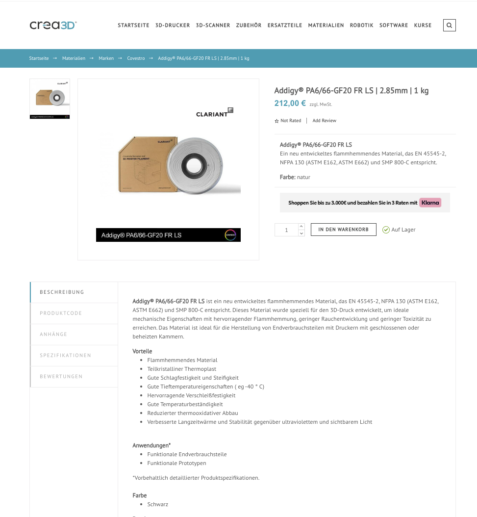 Covestro 2,85 Nylon-Glasfaser 1KG  PA6/66-GF20 Weiß